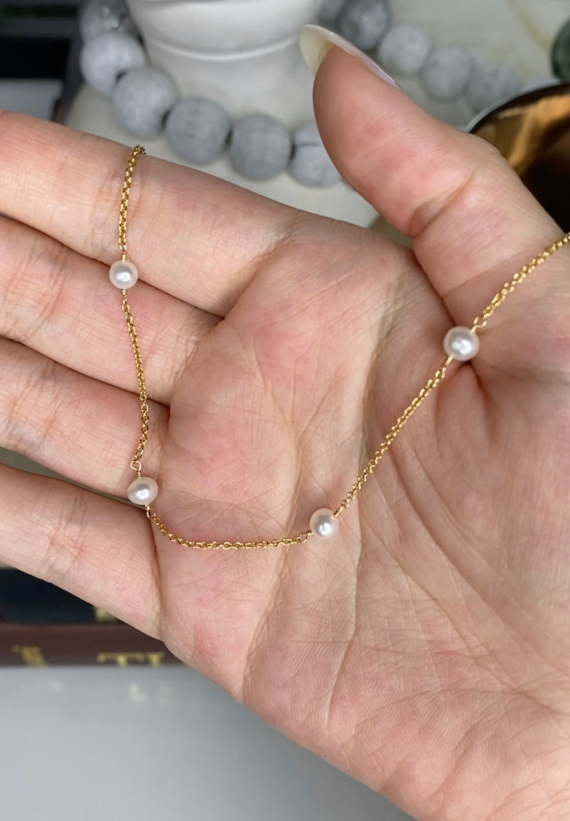 Freshwater Pearl Tin Cup Choker Necklace | 14K Gold Filled Station Chain